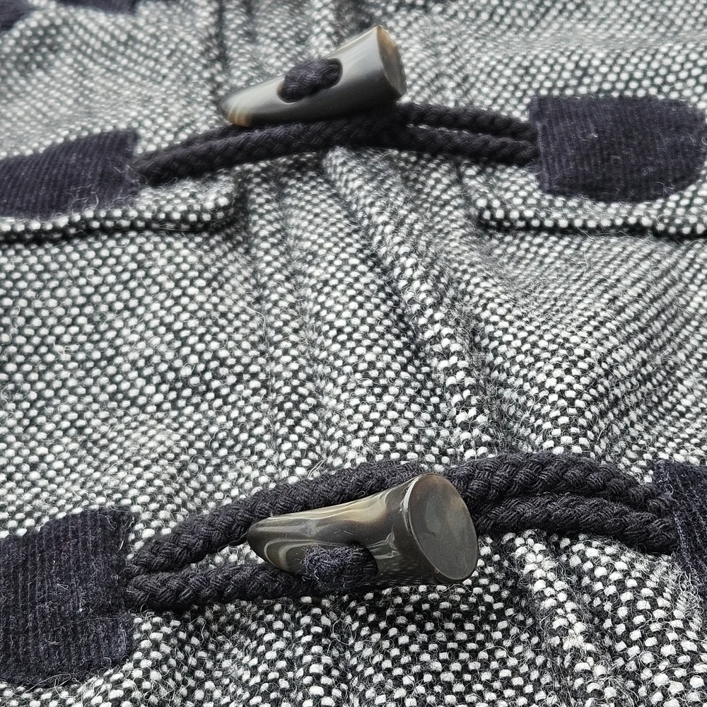 Prana Megan Black Tweed Duffle Wool Blend Jacket Sherpa Hood Toggle Womens XS